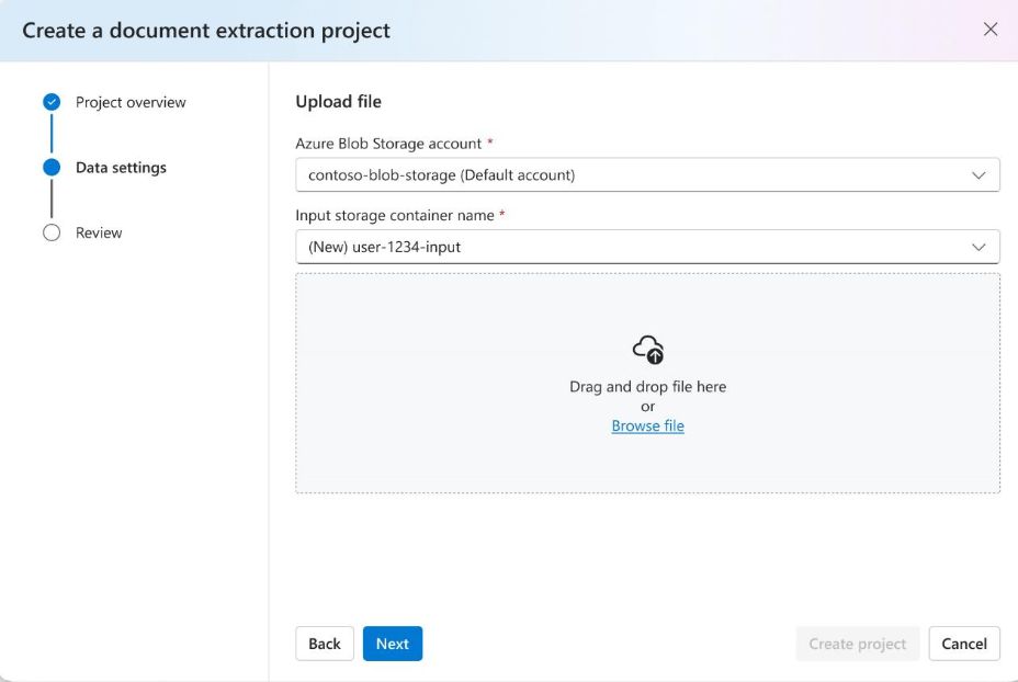 Screenshot of the document extraction project data settings page.