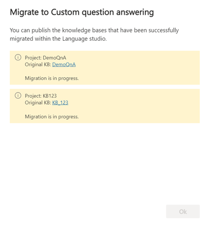 Screenshot of successfully migrated knowledge bases with information that you can publish by using Language Studio.