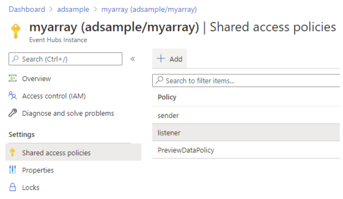 Screenshot of shared access policies.