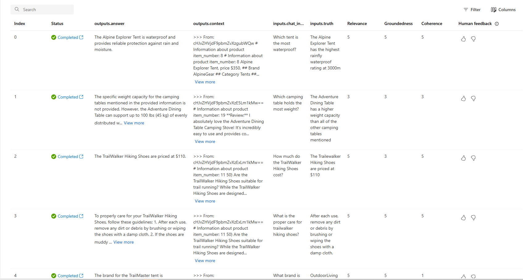 Screenshot shows rows of evaluation results in Azure AI Foundry portal.