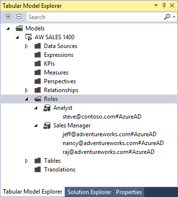 Screen showing roles and users in Tabular Model Explorer.