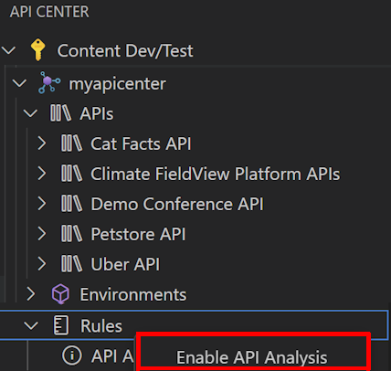 Screenshot of enabling API linting and analysis in Visual Studio Code.