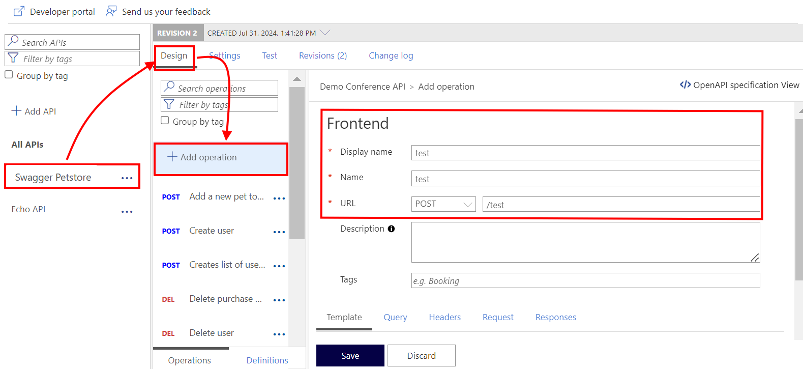 Screenshot showing how to add an operation in a revision in the portal.