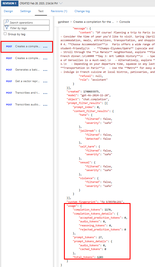 Screenshot of token usage data in API response in the portal.