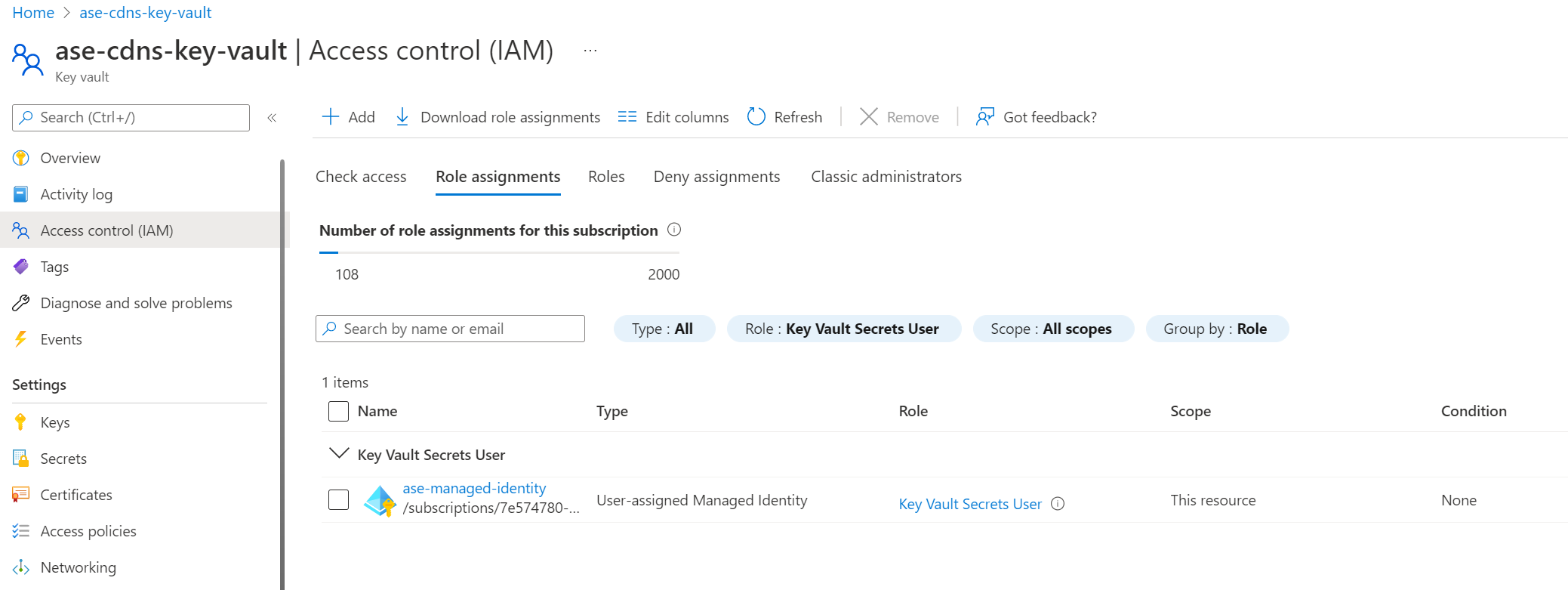 Screenshot of a sample key vault role based access control for managed identity.