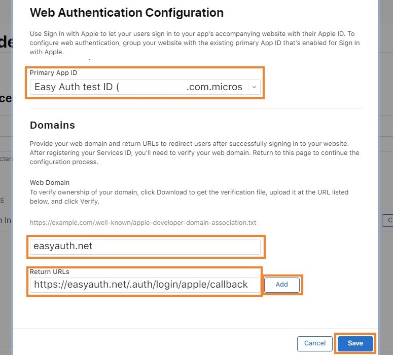 Specifying the domain and return URL for the registration