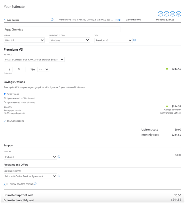 Example showing estimated cost in the Azure Pricing calculator