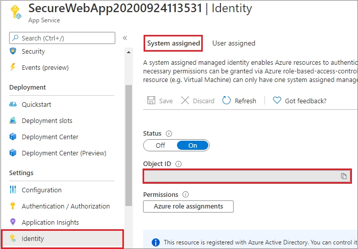 Screenshot that shows the System assigned identity option.