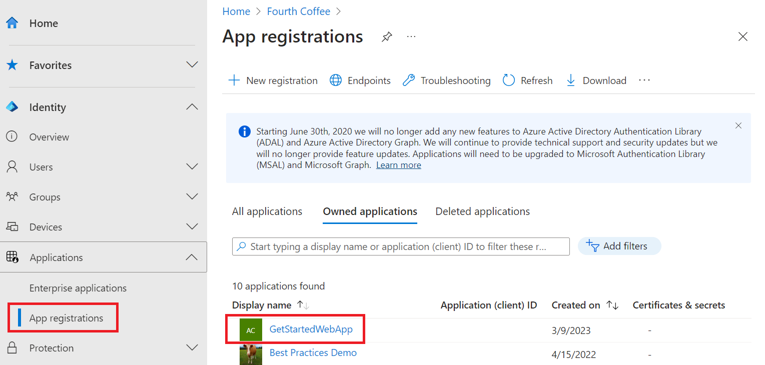 Screenshot that shows selecting app registration.