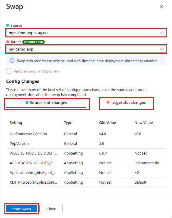 Screenshot that shows selections for configuring and completing a swap in the portal.