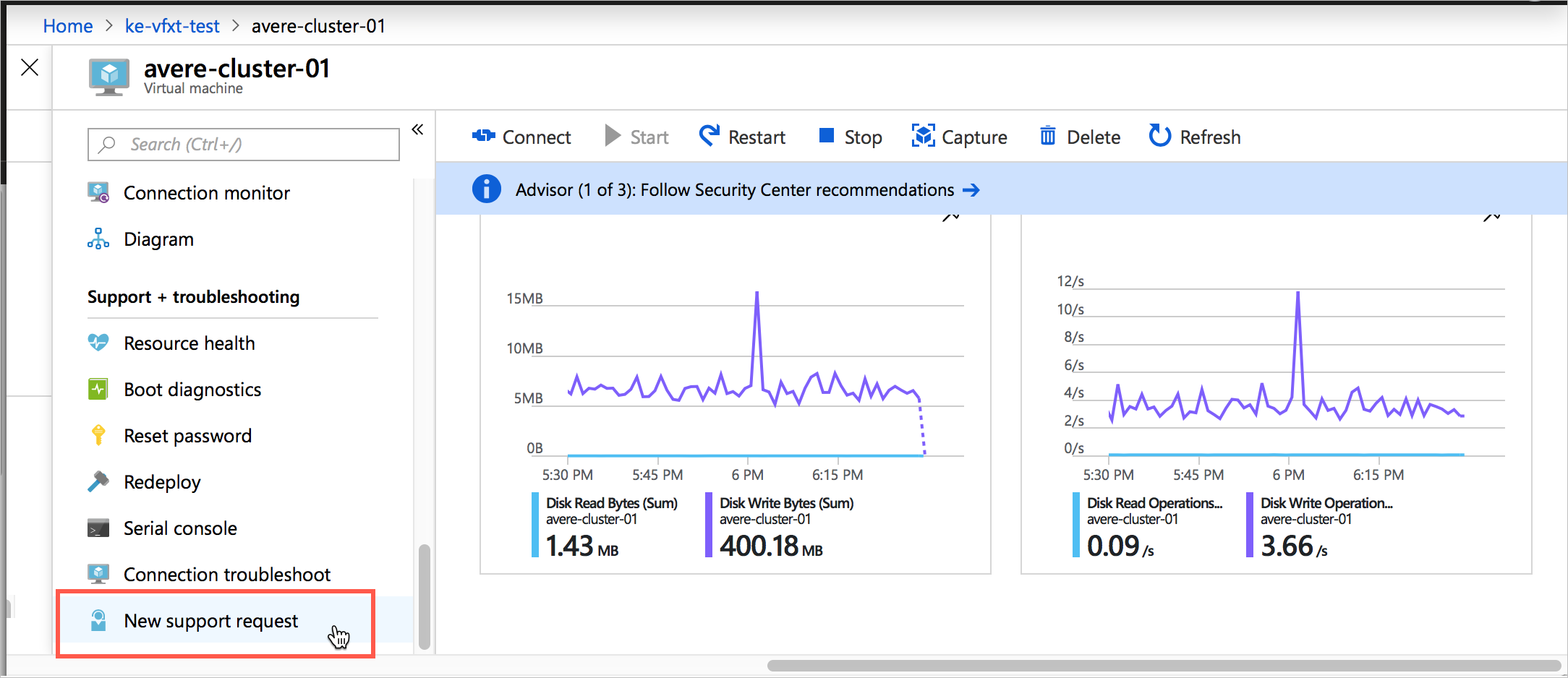 Screenshot of the Azure portal VM page for the VM from the previous screenshot. The left menu is scrolled to the bottom and 'New support request' is circled.