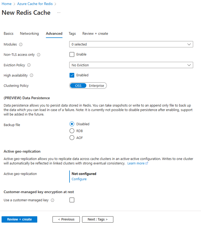 Screenshot that shows the Azure Managed Redis Advanced tab.