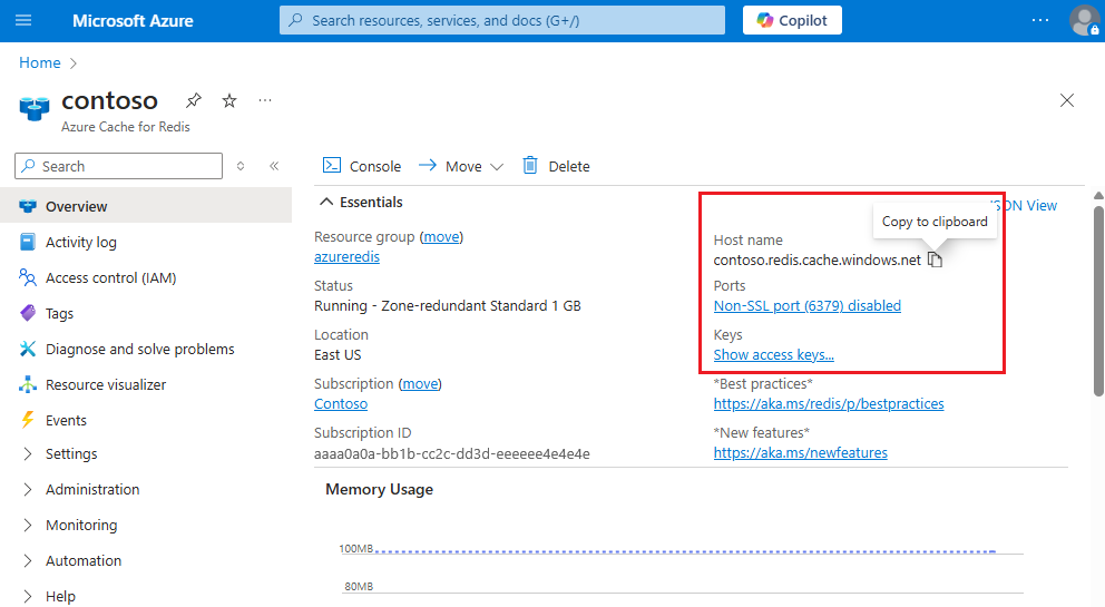 Screenshot showing Azure Cache for Redis properties.