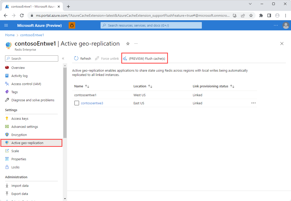 Screenshot showing Active geo-replication selected in the Resource menu and the Flush cache feature has a red box around it.