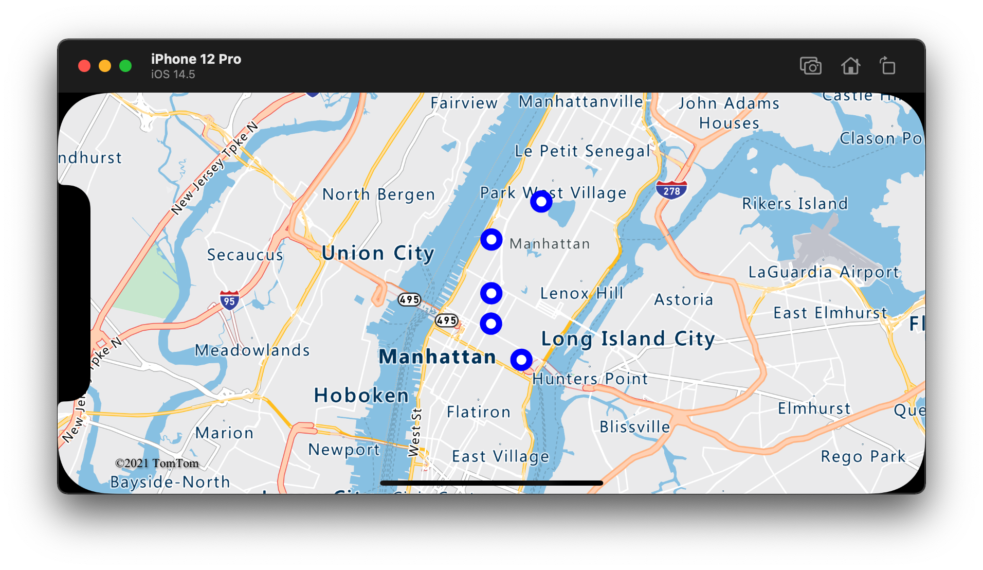 Five points rendered on a bubble layer in a map.