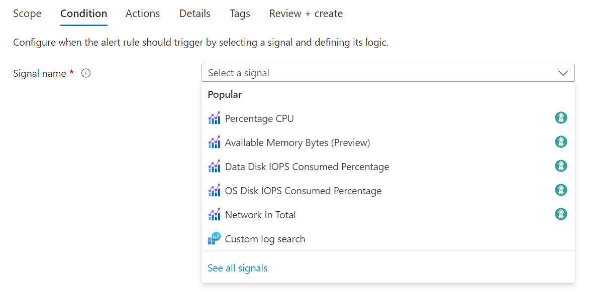 Screenshot that shows popular signals when creating an alert rule.