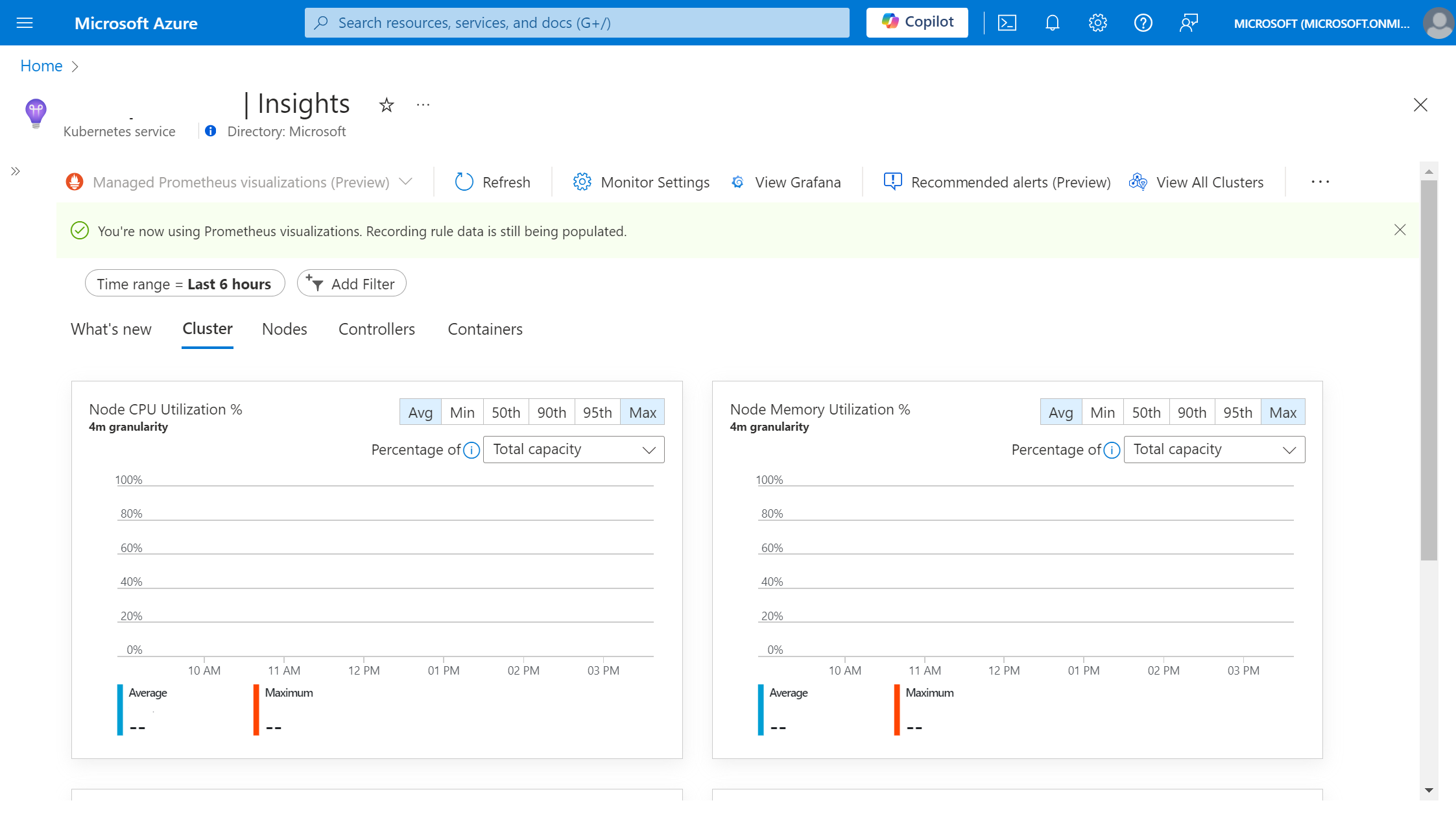 Screenshot of AKS cluster with Prometheus based Container Insights, with recording rule banner.