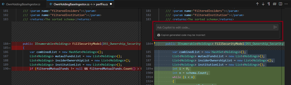 Screenshot of the inline editing tool using queries with Copilot.