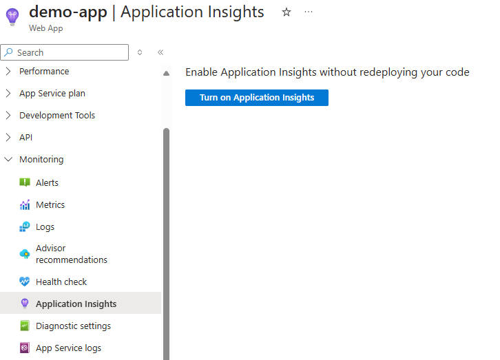 Screenshot that shows turning on Application Insights for your app.