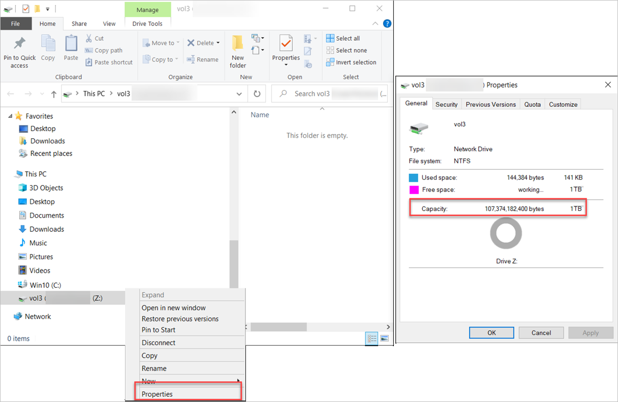 Screenshots that show example storage capacity of a volume after behavior change.