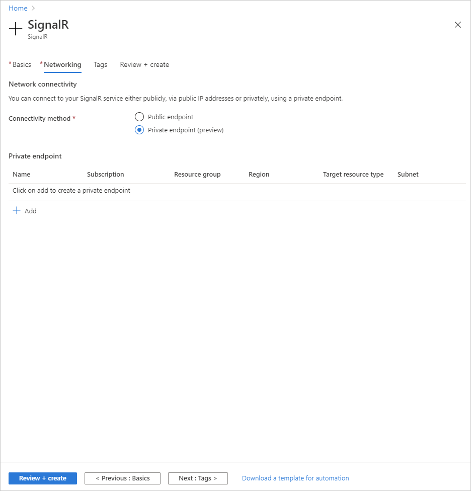 Create Azure SignalR Service - Networking tab