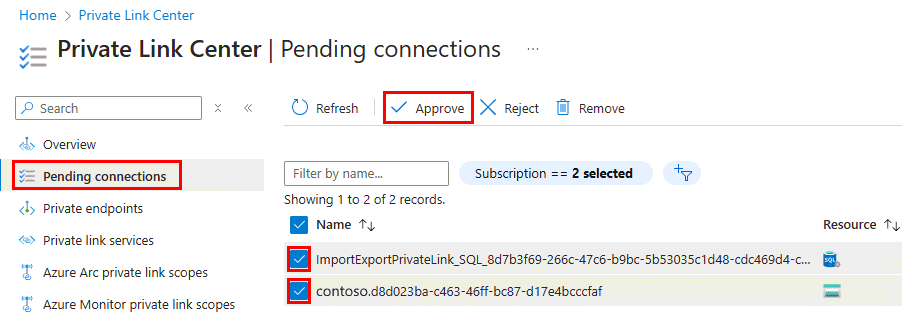 Screenshot from the Private Link Center of the Azure portal showing how to approve both private links.