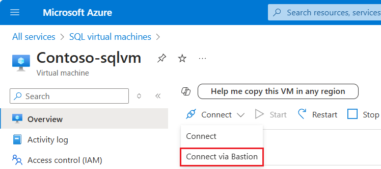 Screenshot showing connect to VM in portal.