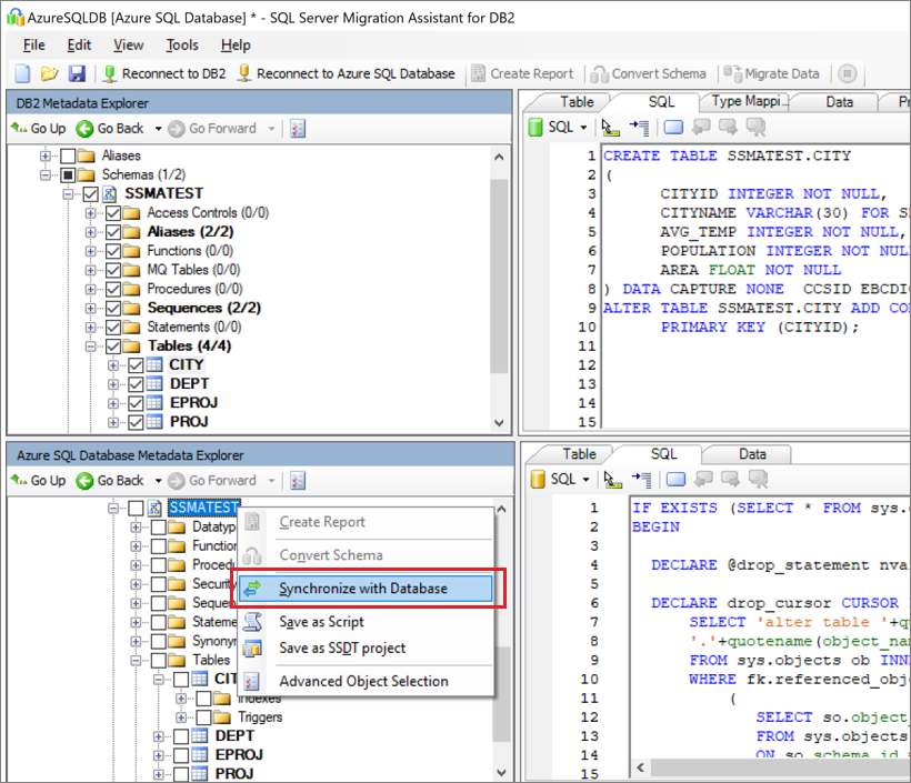 Screenshot that shows the option to synchronize with database.