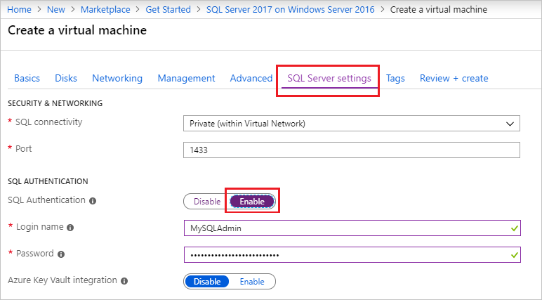 Screenshot showing the public SQL connectivity option during provisioning.