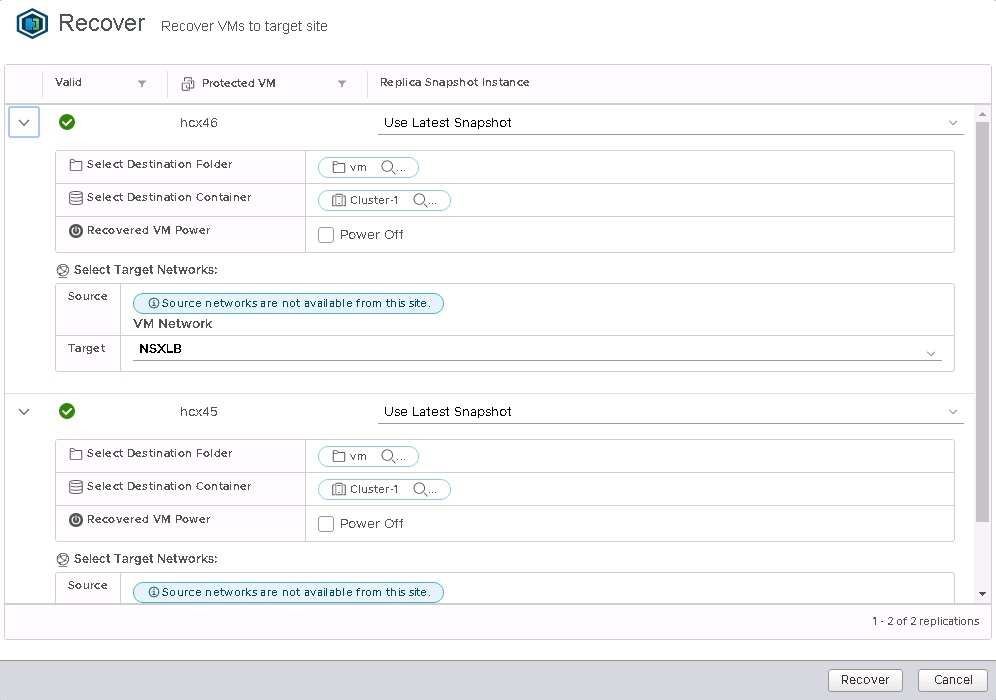 Screenshot shows the confirmation for recovering VMs to target site.