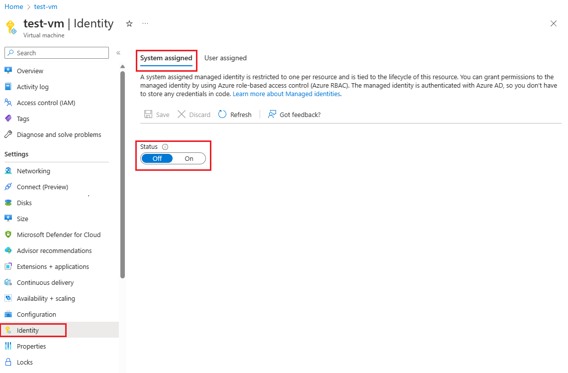 Screenshot that shows creating a system identity for a virtual machine.