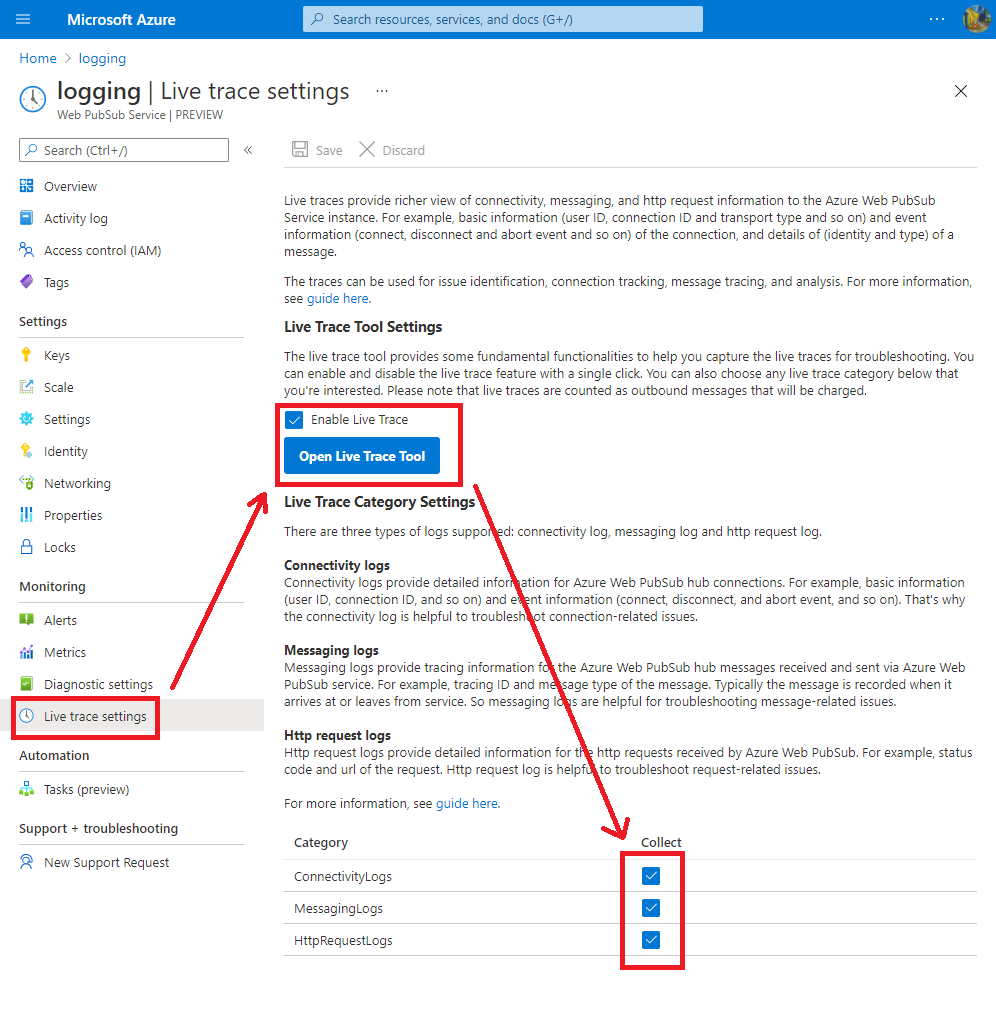 Screenshot of launching the live trace tool.