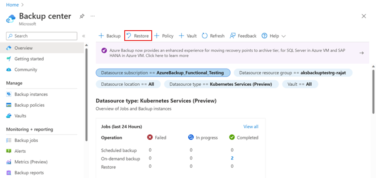 Screenshot shows how to start the restore process.