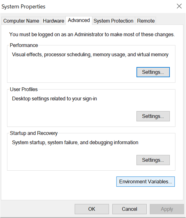 Screenshot showing the option to set environment under System Properties.