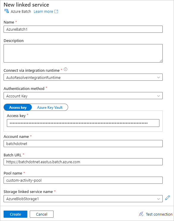 Screenshot of the New linked service screen for the Batch job.