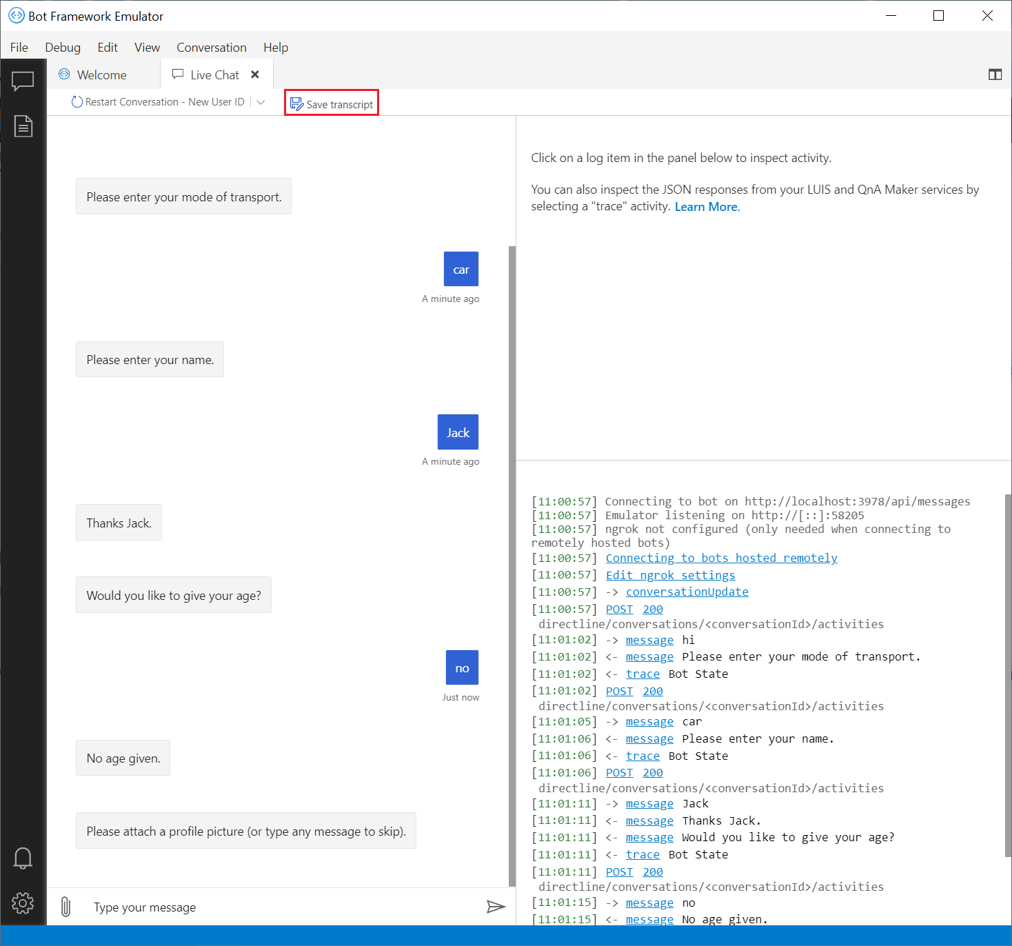 Screenshot of a conversation and the 'save transcript' button in the Emulator.