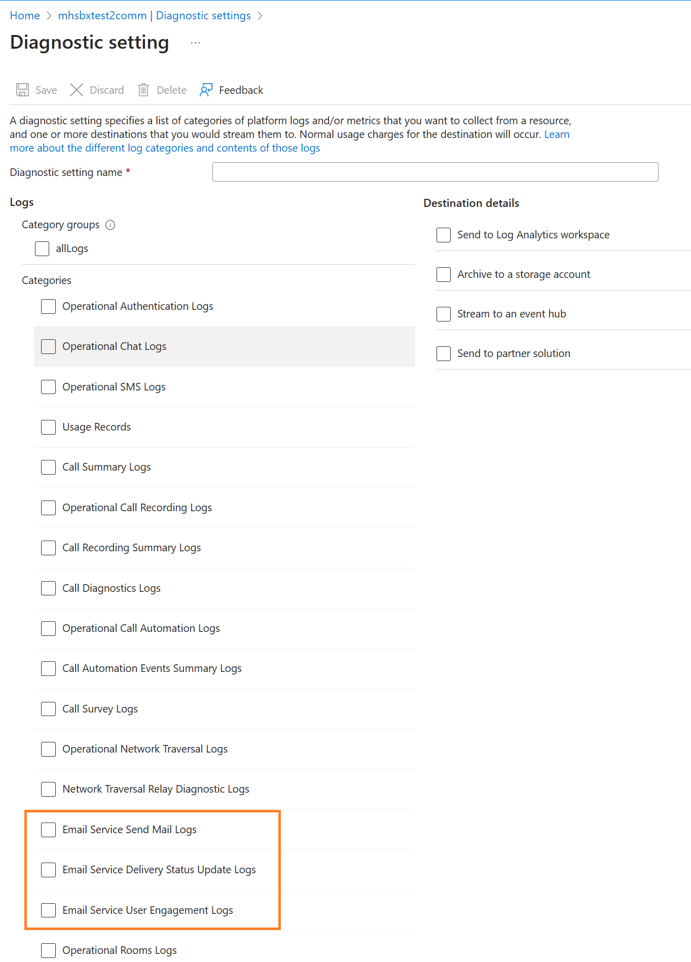 Screenshot of diagnostic settings for Email.