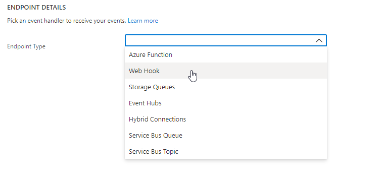 Screenshot that shows a detail of the Create Event Subscription dialog. In the Endpoint Type list, Web Hook is selected.