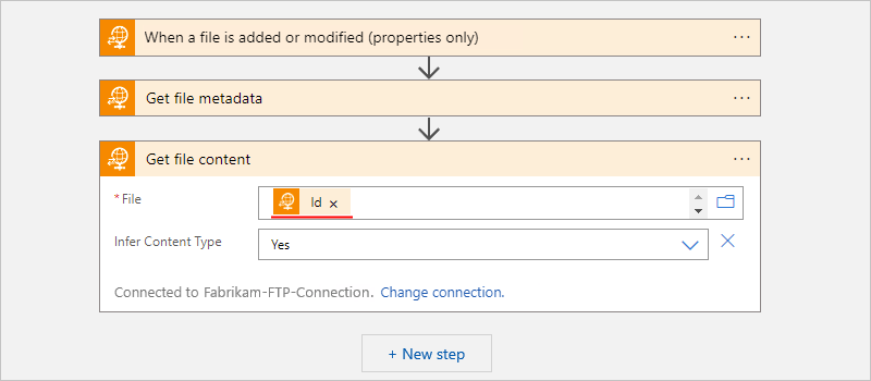 Screenshot shows Consumption workflow designer, "Get file content" action, and "File" property with "Id" entered.