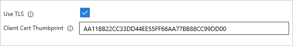 Screenshot shows Standard workflow, MQ built-in connection box, Use TLS property selected, and Client Cert Thumbprint property with thumbprint value.