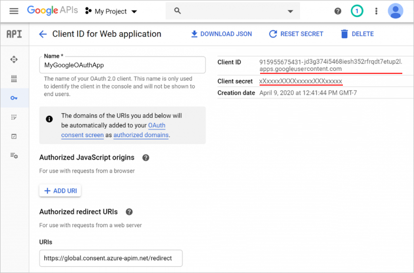 Client ID and client secret for your Google client app