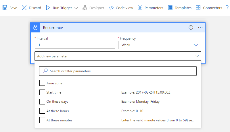 Screenshot for Consumption workflow designer and Recurrence trigger with advanced scheduling options.