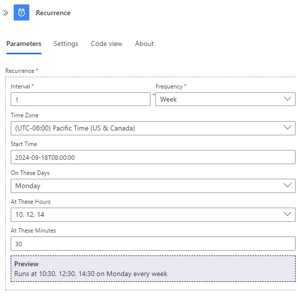 Screenshot showing Consumption workflow and Recurrence trigger with advanced scheduling example.