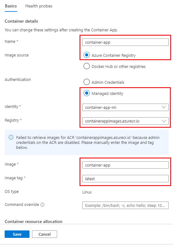 Screen shot of the Edit a container dialog entering user assigned managed identity.