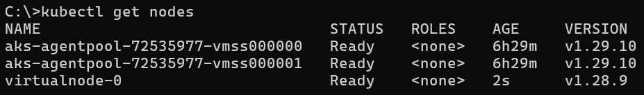 Screenshot showing the output of the kubectl get nodes command, with a virtual node in a Ready state.