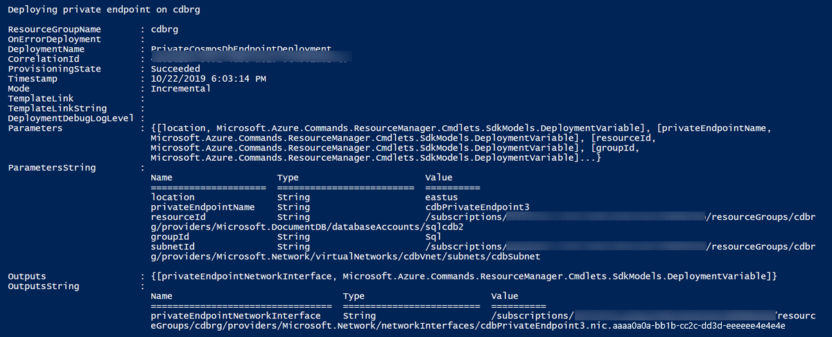 Screenshot of deployment output for the Resource Manager template.