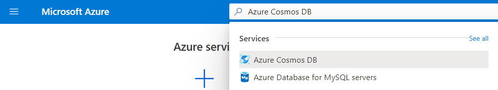 Screenshot that shows searching for Azure Cosmos DB.