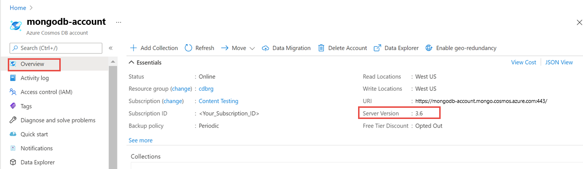 Screenshot of how to check the current version of your MongoDB account from the Azure portal.