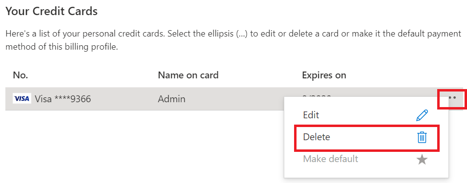 Example screenshot that shows selections for deleting a credit card.