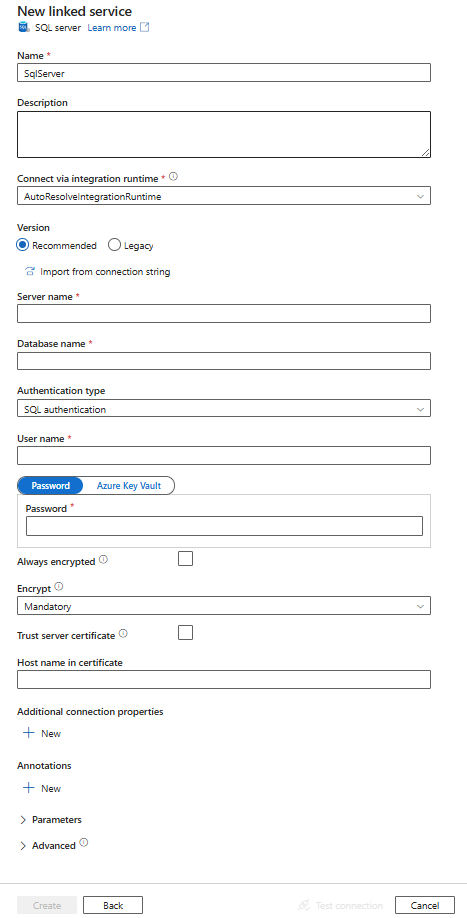 Screenshot of configuration for SQL Server linked service.